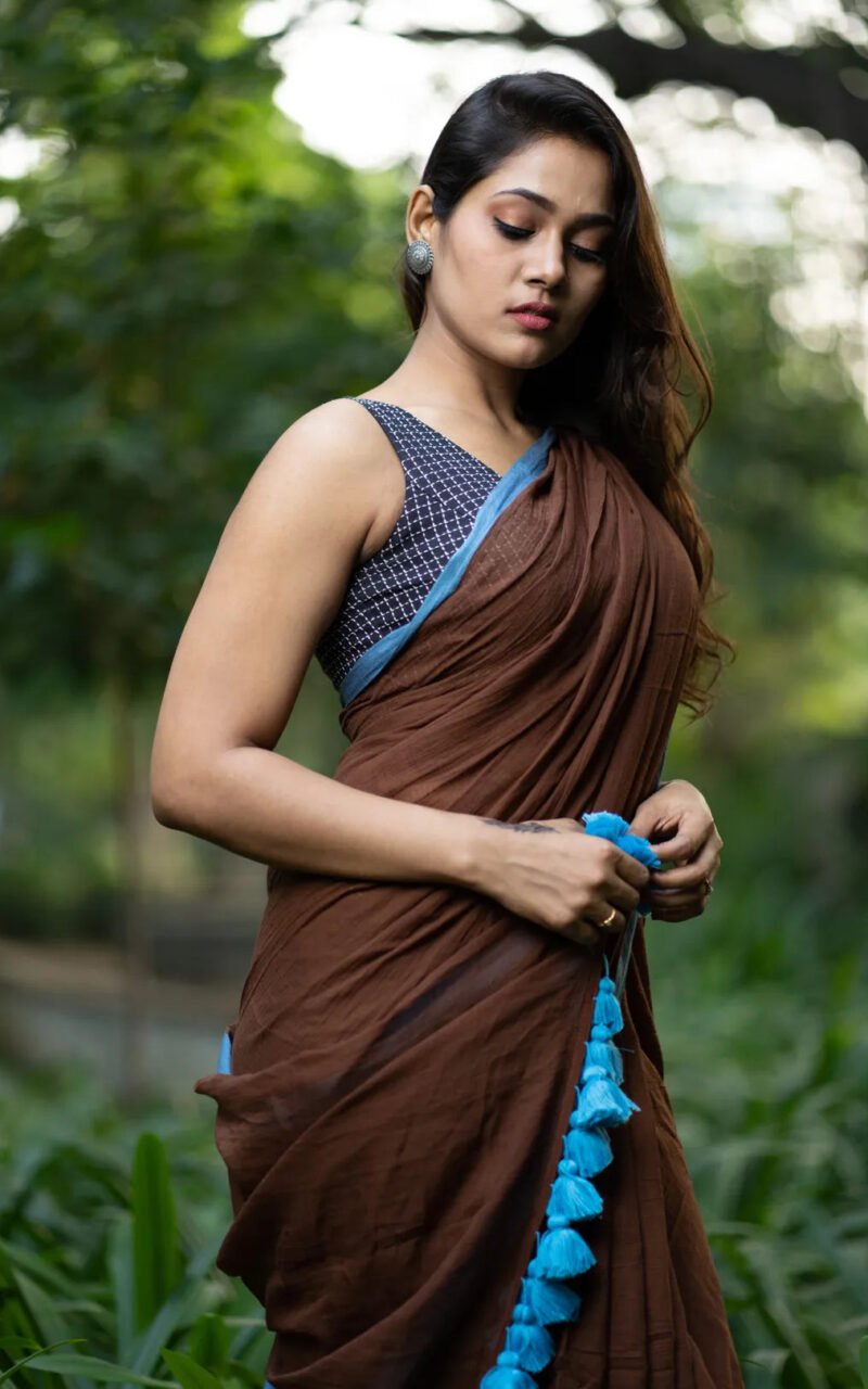 Brown and Blue Combination Saree - pure cotton saree - blue tassels - I Love Sarees