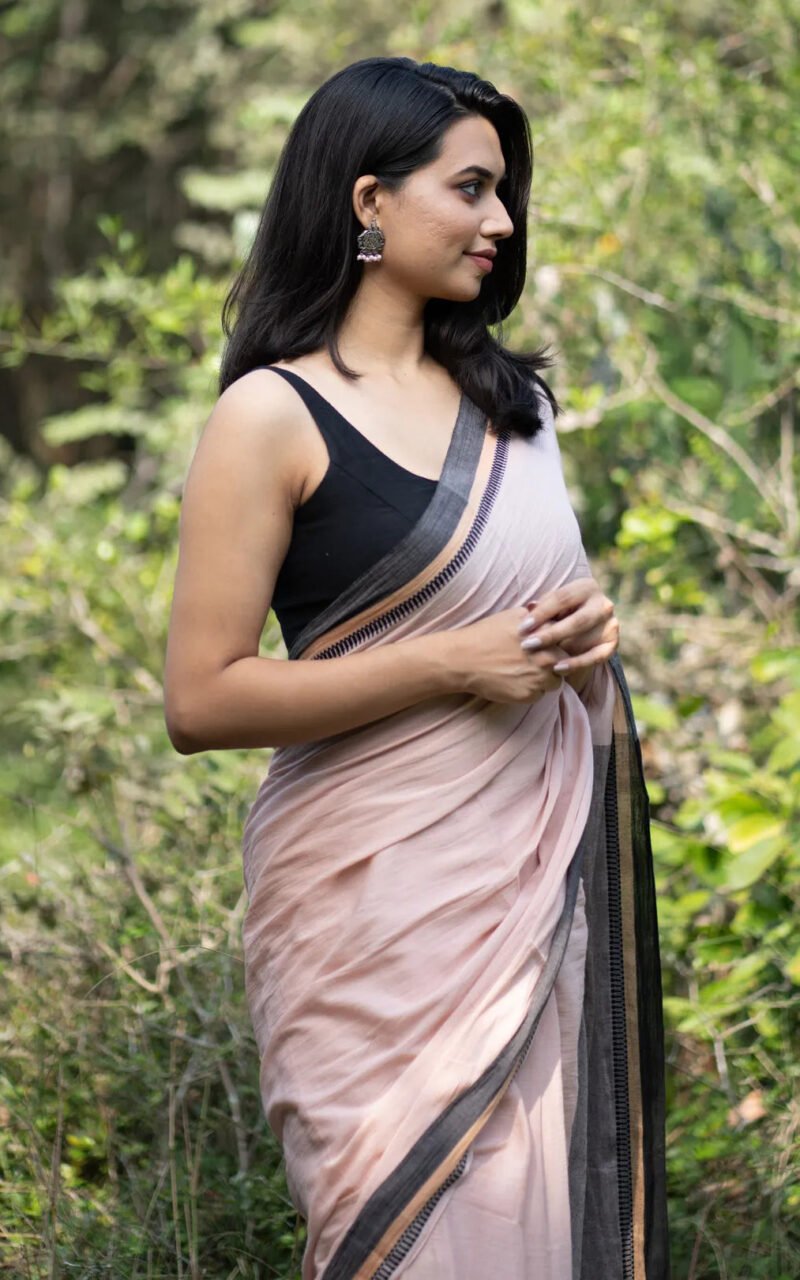 Peach Colour handloom cotton Saree with Black Jacquard Border - I Love Sarees