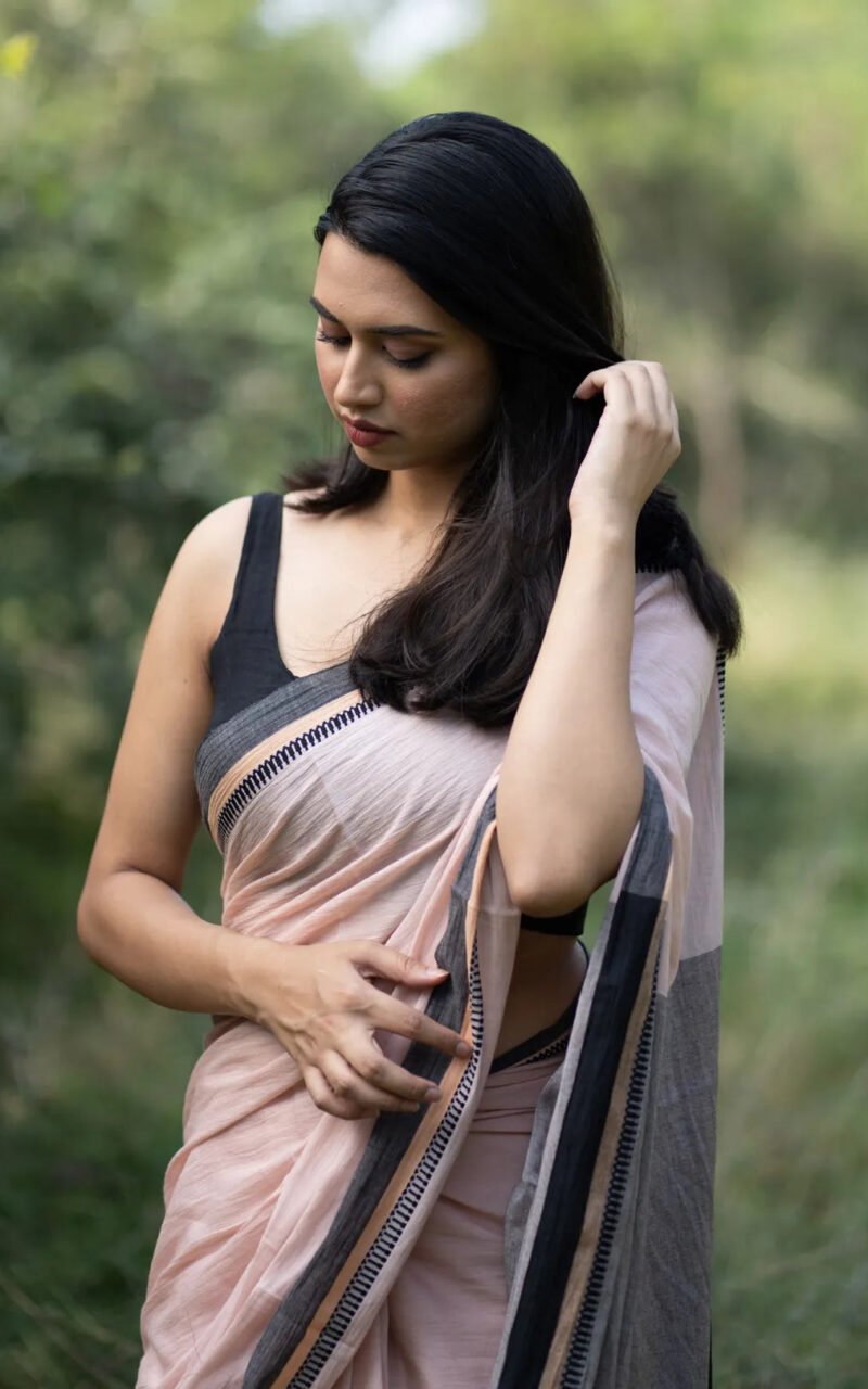 Peach Colour handloom cotton Saree with Black Jacquard Border - I Love Sarees