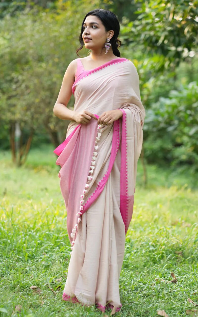 White with Pink Border Saree - Handloom Cotton Saree - I Love Sarees